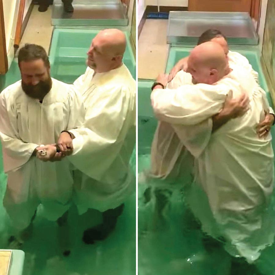 Mark Hoover embraces his brother Dusty after baptizing him on Baptism Sunday.