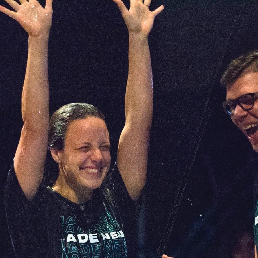 One of 56 new believers in Christ to be baptized on Baptism Sunday at Brainerd Baptist Church in Chattanooga, Tennessee, celebrates her transformation after coming out of the water.