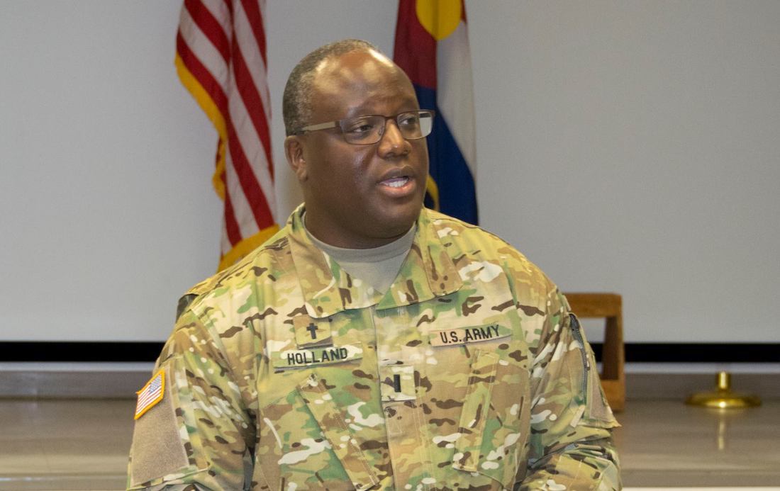 The National Guard of #StateofCO Chaplain (1st Lt.) Darius Holland speaks to members during a Spiritual Fitness Breakfast at #CONG Joint Force Headquarters, Centennial, Colo., May 5, 2017 in honor of #nationaldayofprayer2017. U.S. Air National Guard photo by Tech. Sgt. Jecca Geffre