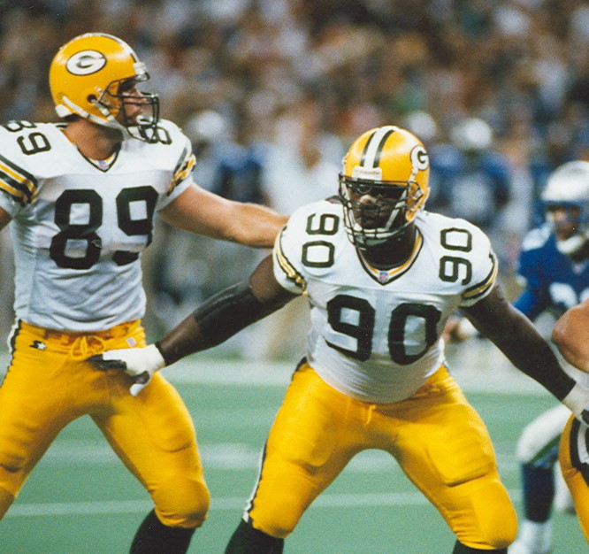 Darius Holland—a defensive tackle, number 90—playing with the Green Bay Packers vs. Seattle Seahawks in a regular season game on September 29, 1996. The Packers won the game, Packers 31 - Seahawks 10. Green Bay Packers photo