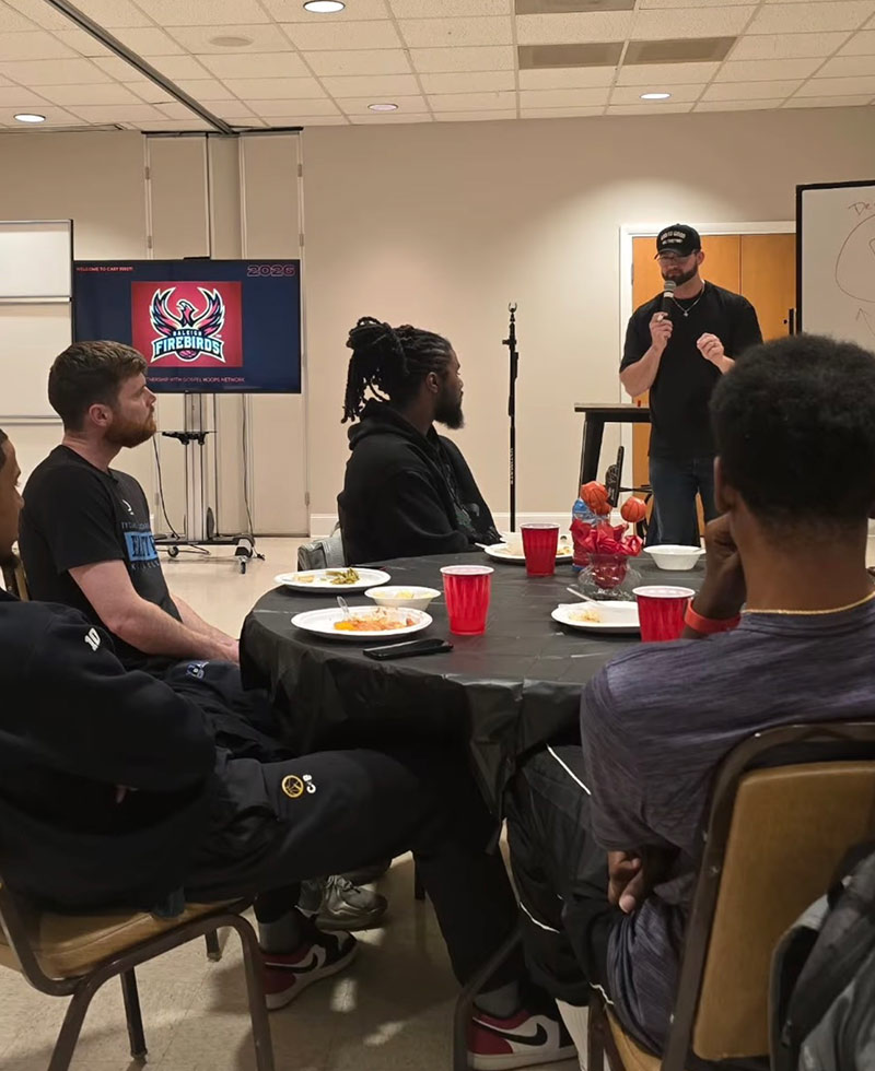 Mark Page shares the gospel with the Raleigh Firebirds men’s professional basketball team as its chaplain.