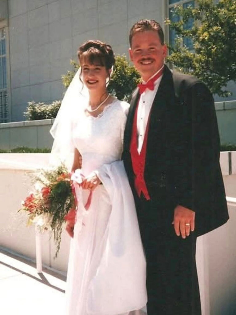Carl and Sherry Wimmer on their wedding day outside of the Mormon Temple.
